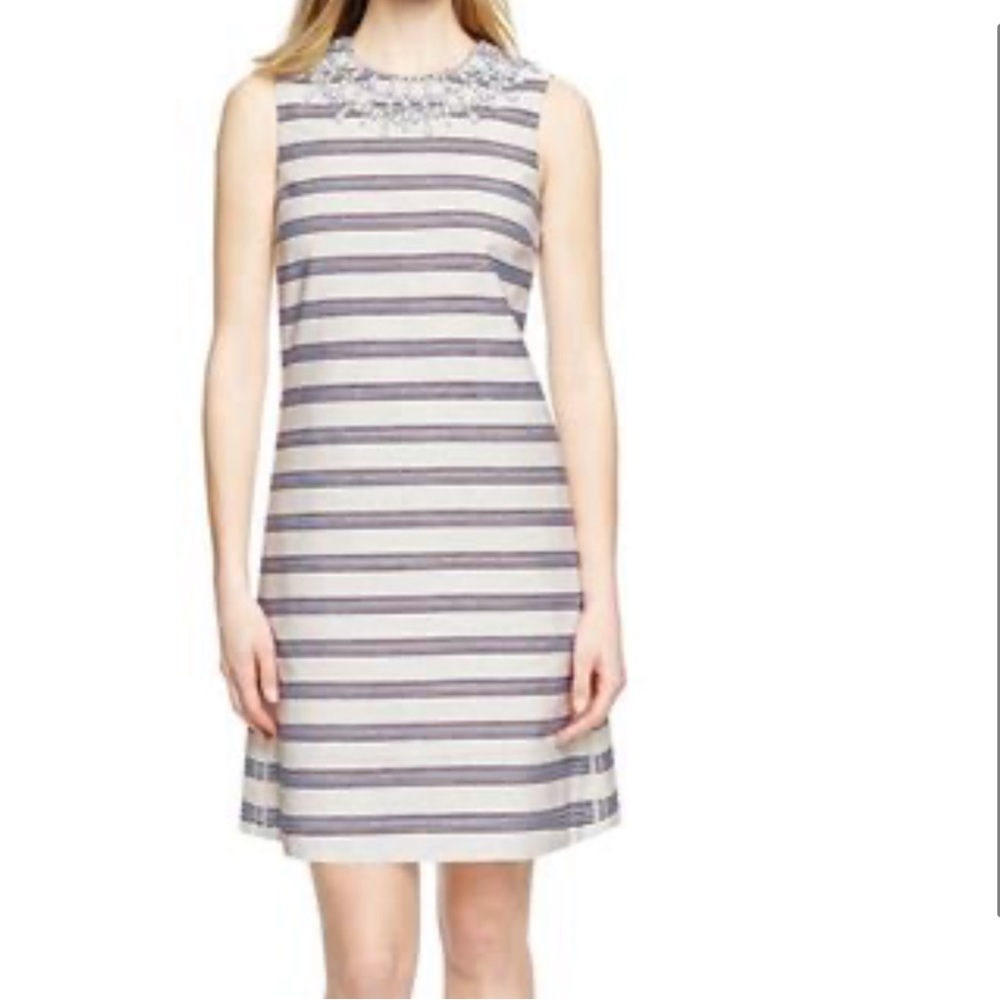 Tory Burch Kaylin Beaded Cotton Shift Dress Ivory Blue Striped